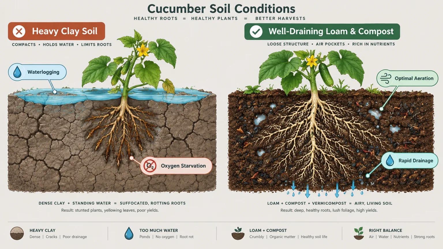 Diagram comparing waterlogged cucumber roots in heavy clay soil against healthy, aerated roots in draining loam.