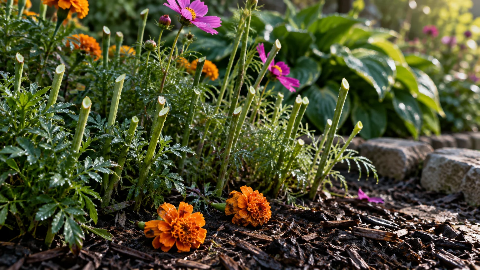 Severed flower stems with clean, angled cuts standing in garden soil beside fallen orange blossoms on mulch.