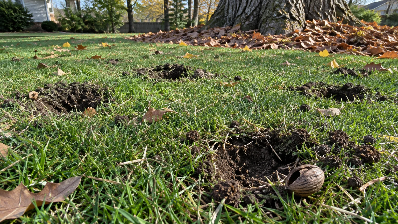 Small dug-out holes in a green lawn with loose soil and a cracked nut shell near the base of a tree.