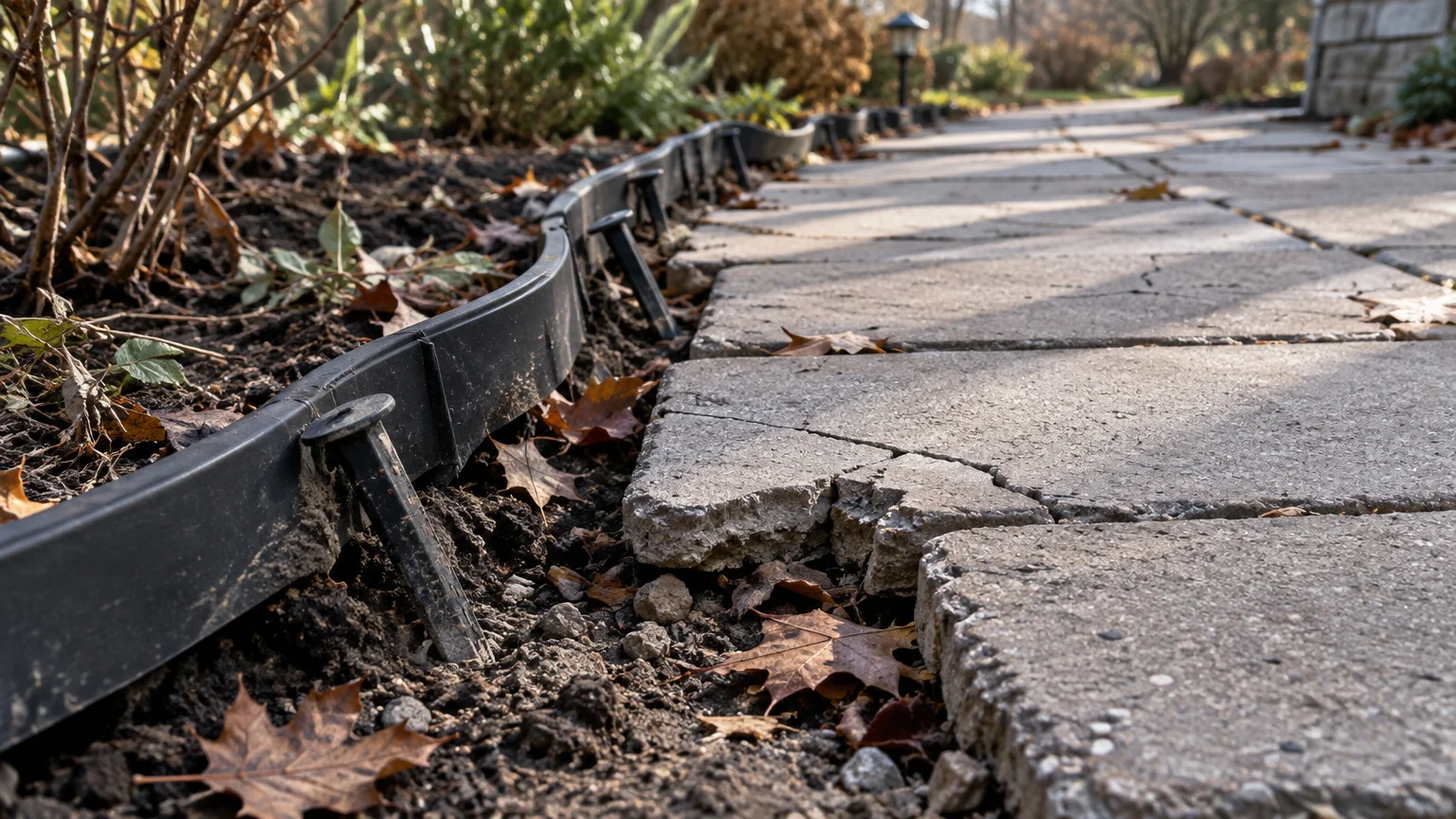 Cracked stone pavers beside warped black landscape edging pulled away from garden soil with visible securing stakes.
