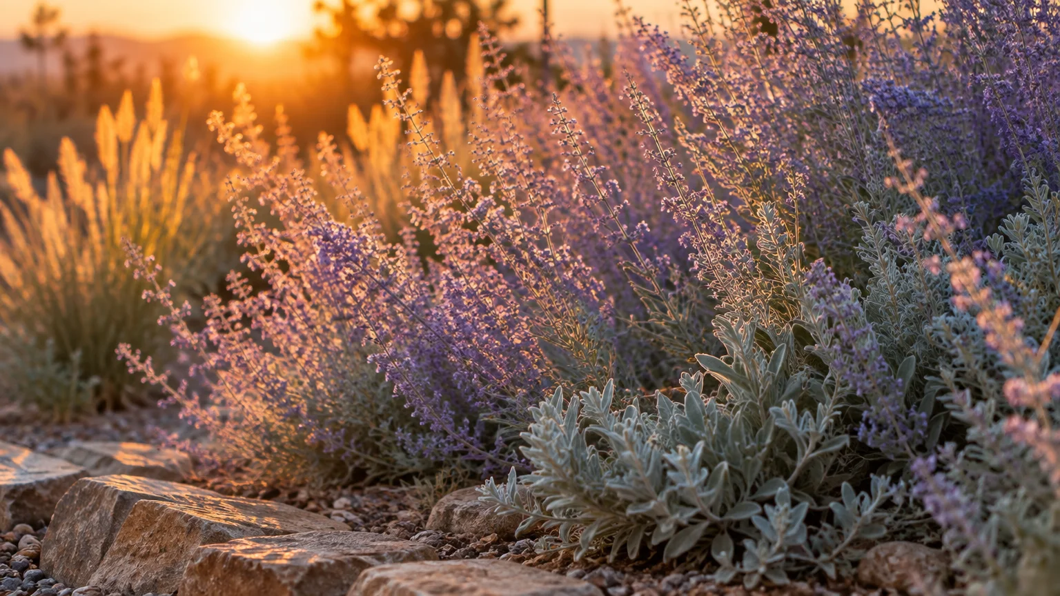 Purple Russian sage flowers and silvery foliage growing beside stone pavers bathed in warm sunset light.