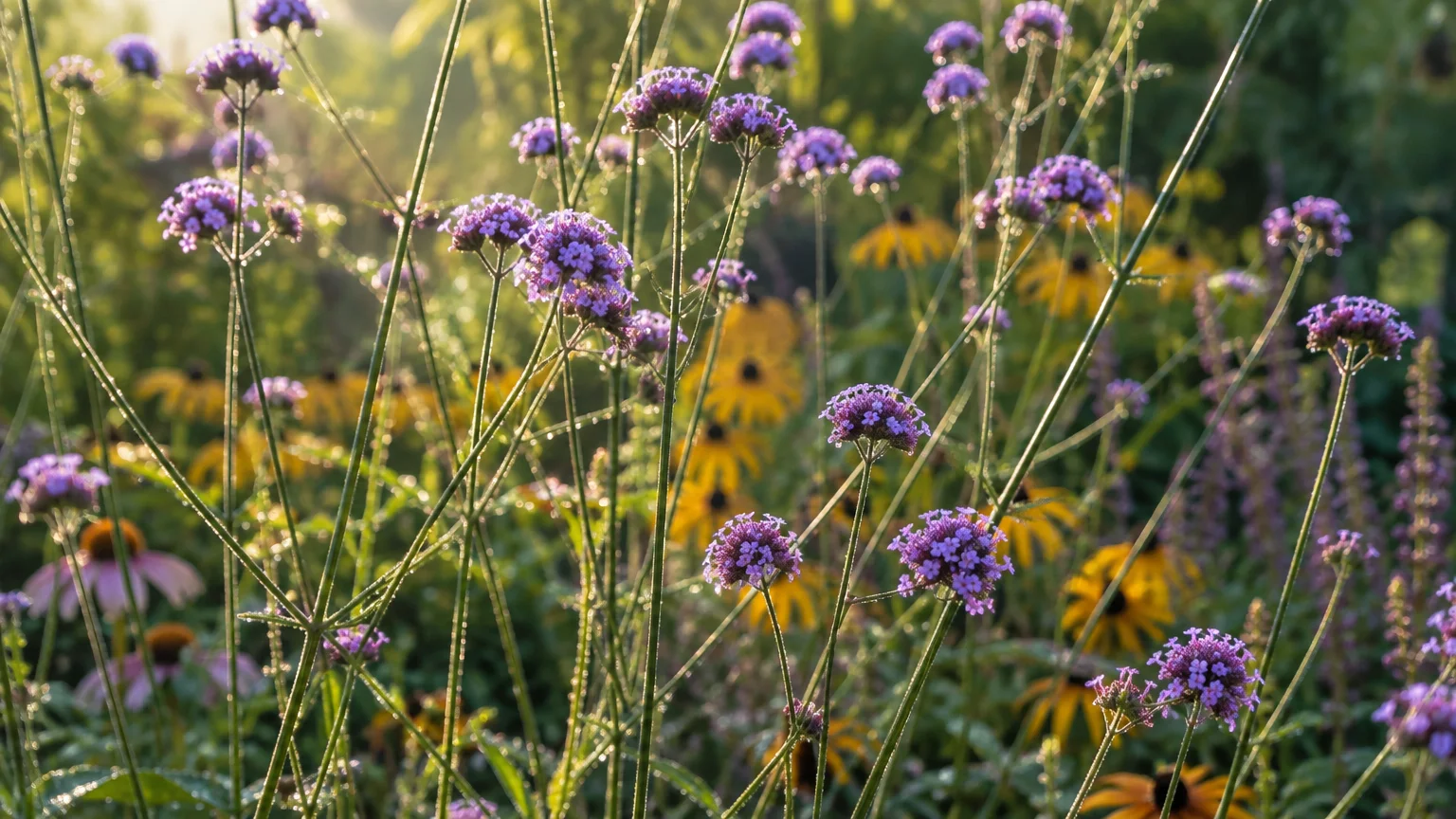 Purple verbena florets on tall, slender green stems in a garden with yellow black-eyed Susans in the background.