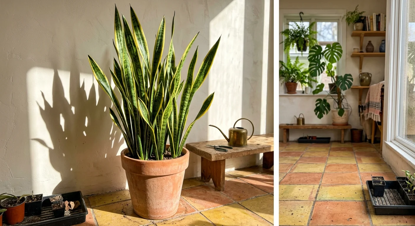 Potted snake plant on a tiled floor casting a strong shadow in direct sunlight next to a wooden bench.