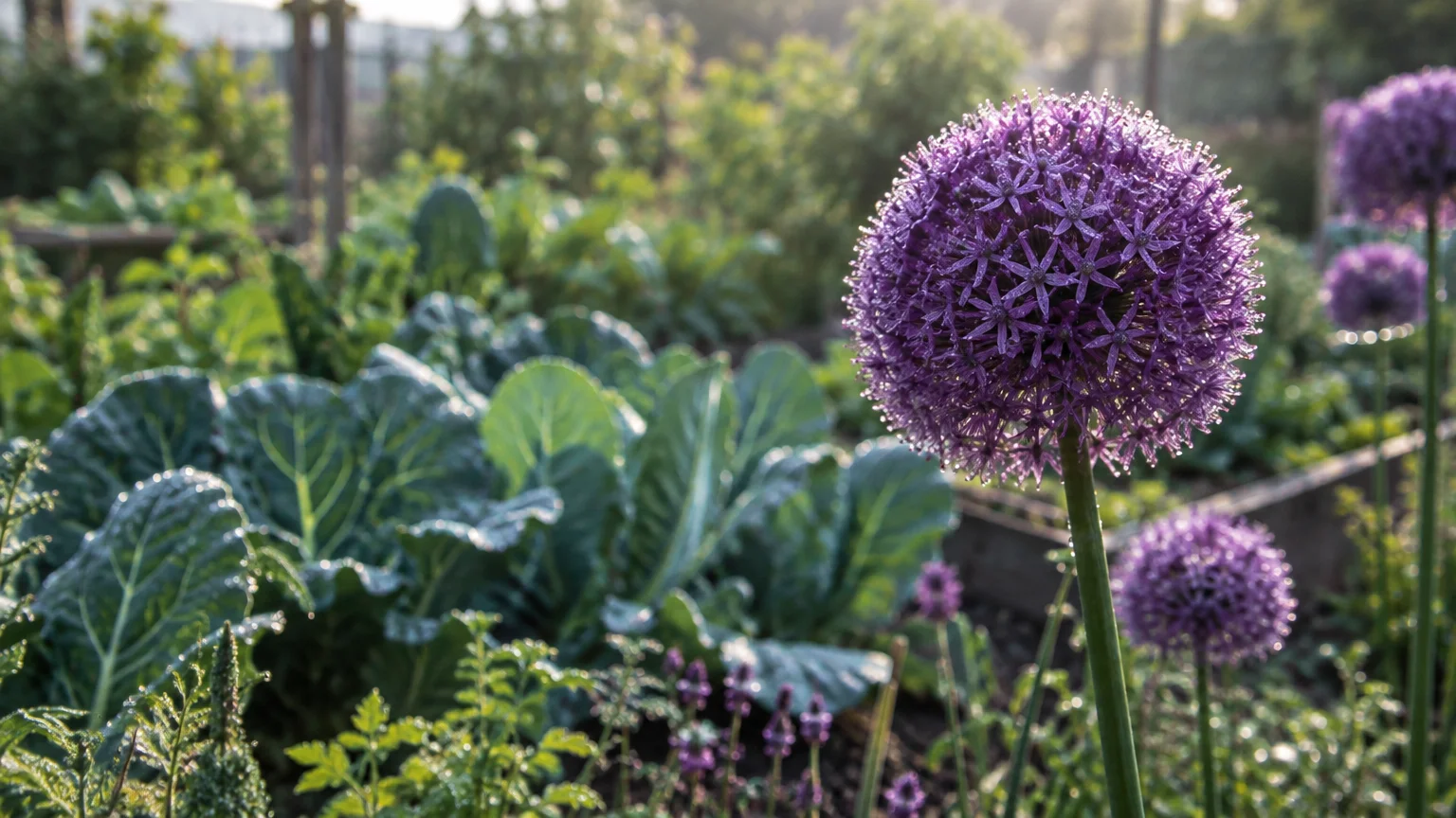 Purple spherical ornamental allium blooms covered in morning dew grow in a raised garden bed beside leafy greens.