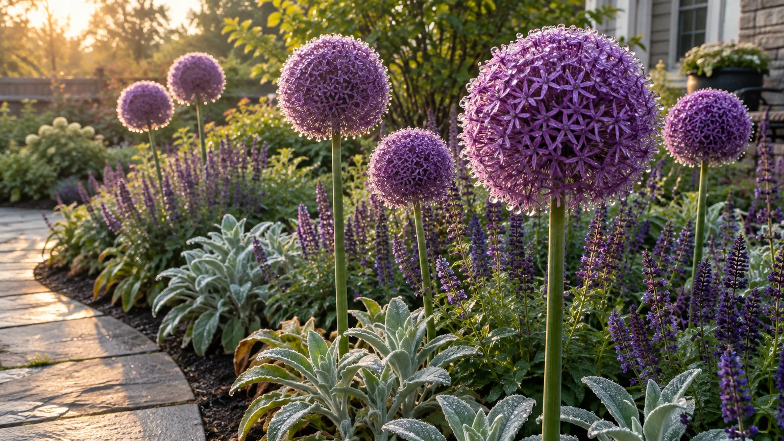 Globe-shaped purple allium blooms rise above silvery foliage and purple salvia along a curved stone garden pathway.