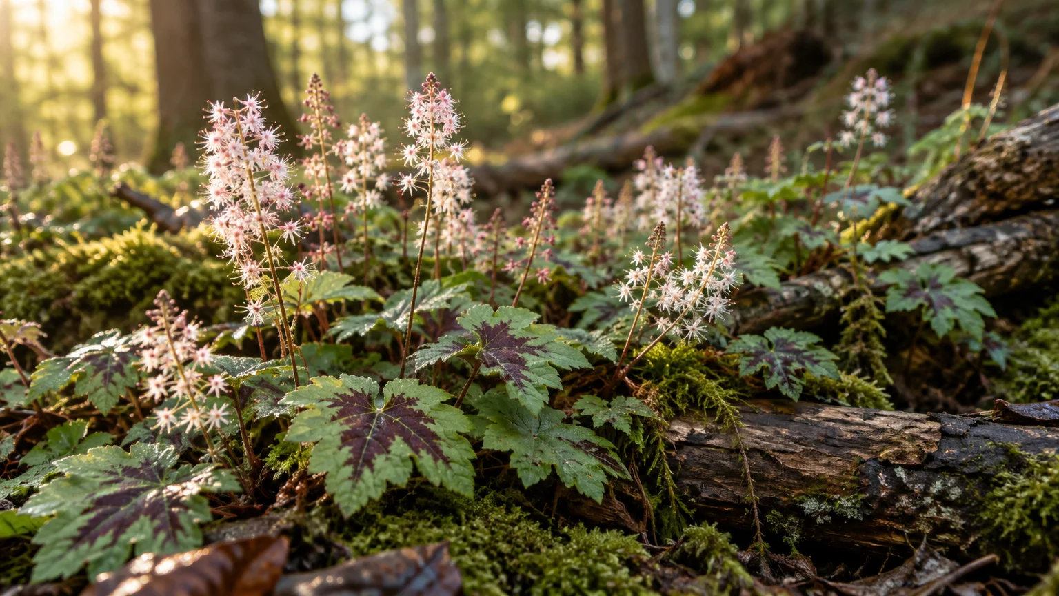 Blooming foamflower plants with starry white flowers and burgundy-centered green leaves growing across a mossy forest floor.