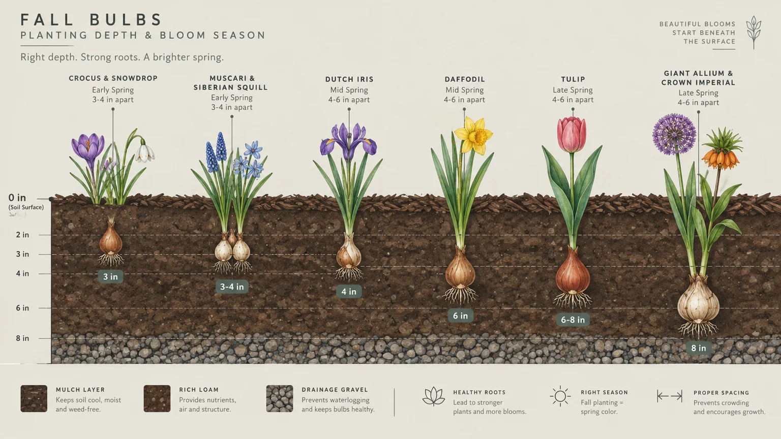 Diagram of soil layers showing planting depths and bloom seasons for bulbs from snowdrops to giant alliums.