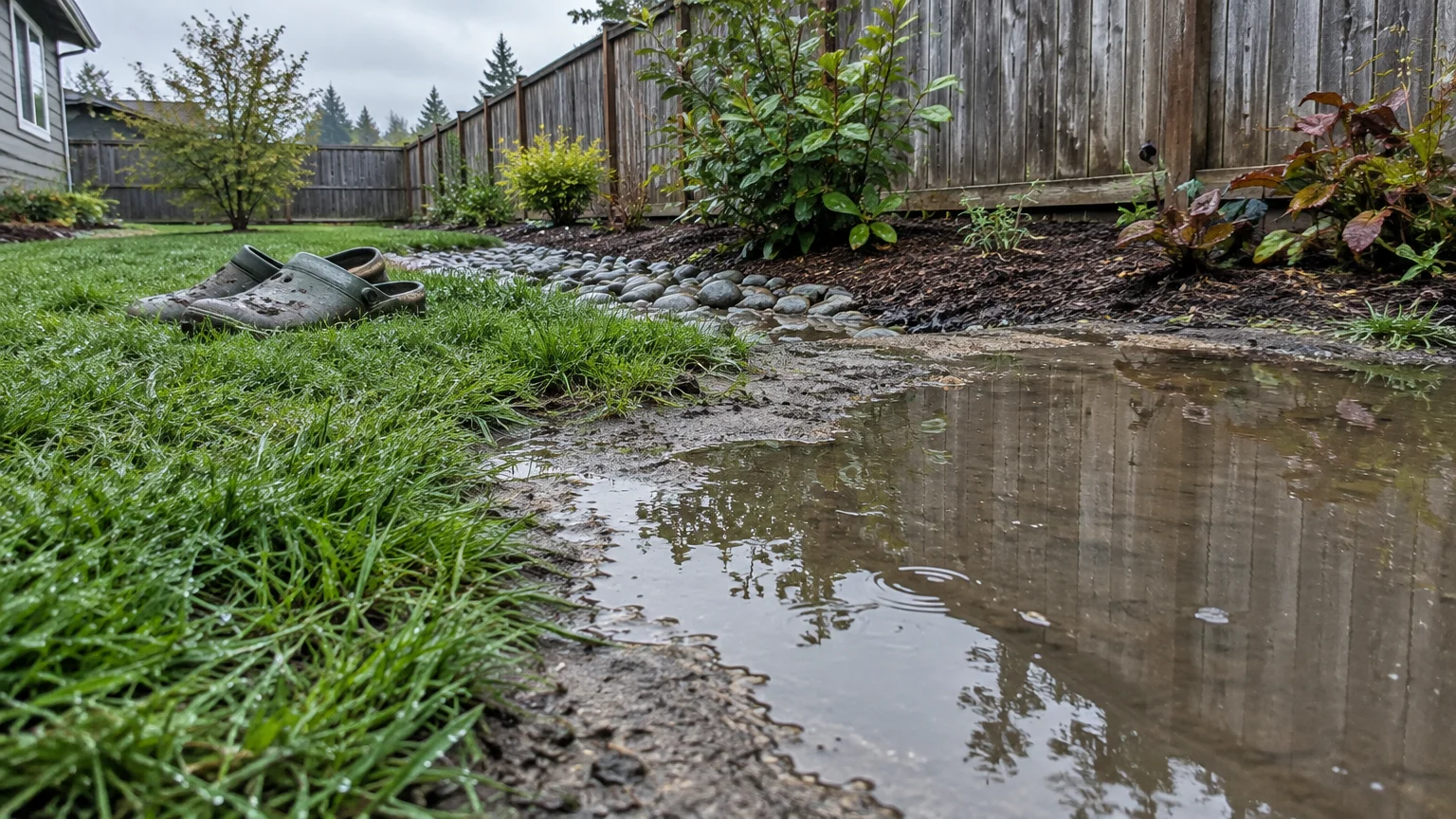 A puddle of standing rainwater on bare dirt beside green grass, muddy garden clogs, and a wooden fence.