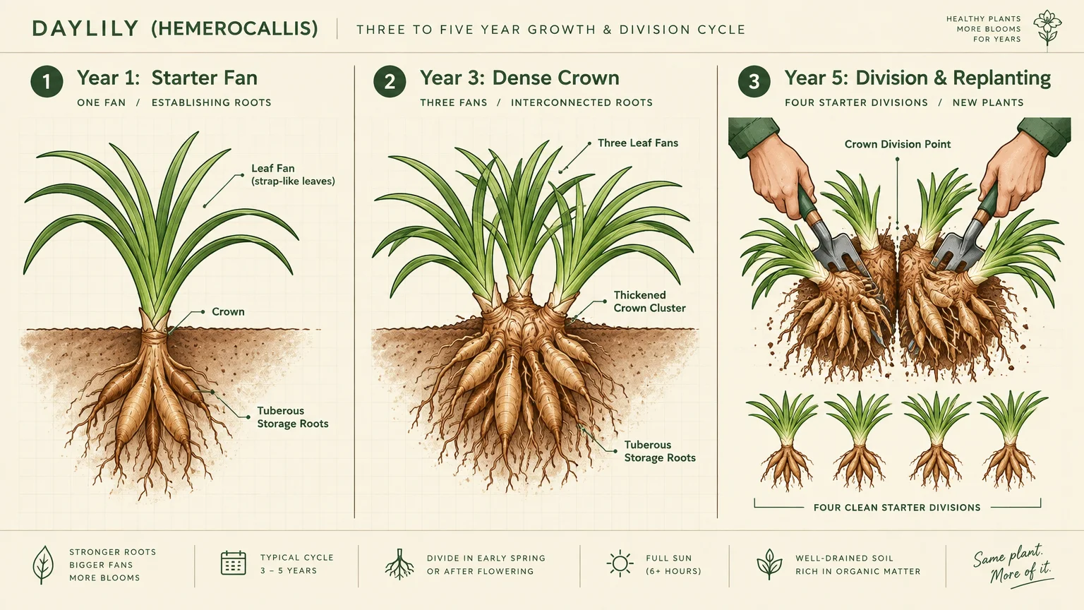 Diagram illustrating daylily growth from a single starter fan to a dense crown cluster and crown division.