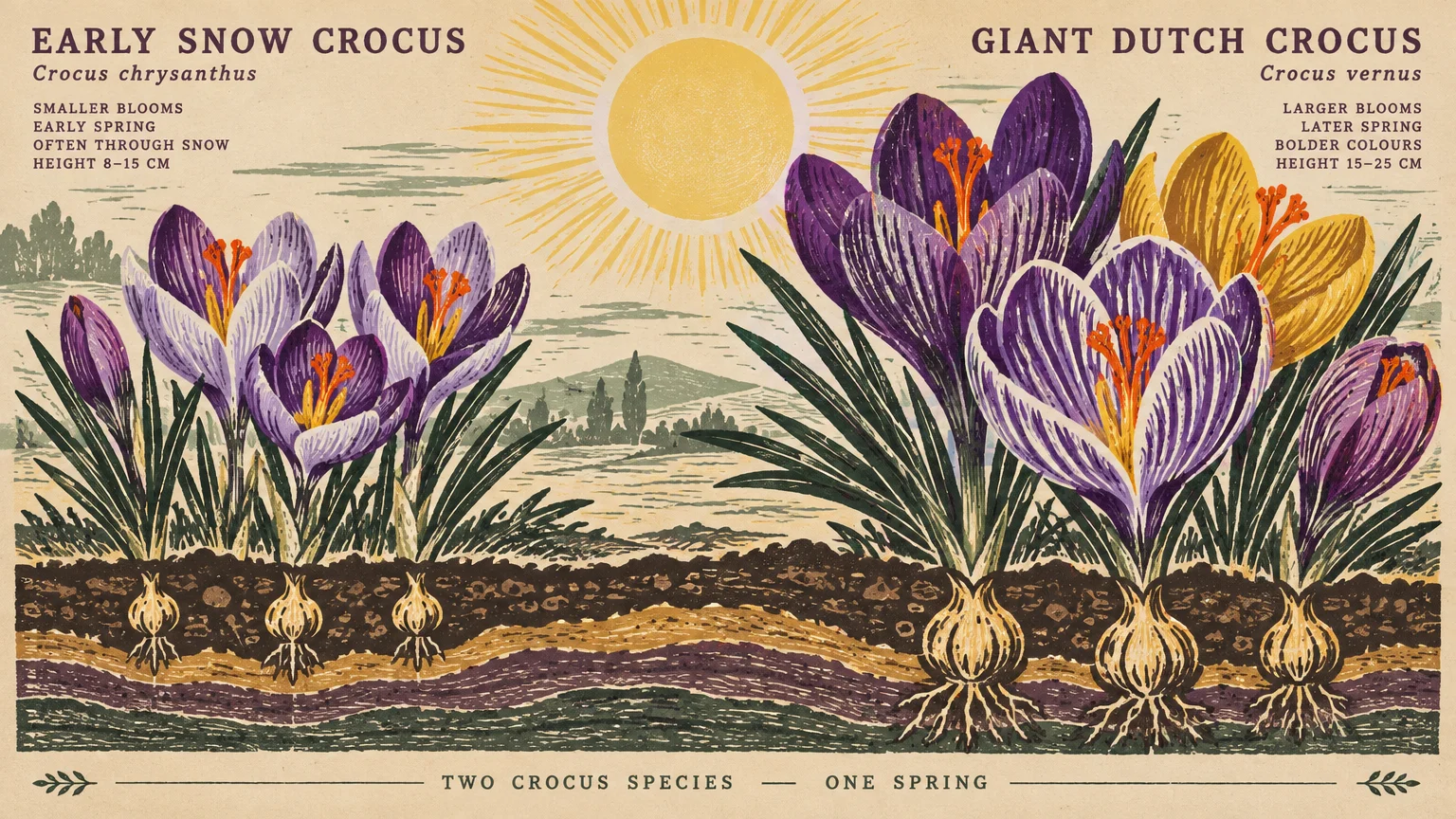 Vintage botanical illustration comparing smaller early snow crocuses and larger giant Dutch crocuses with exposed corms.