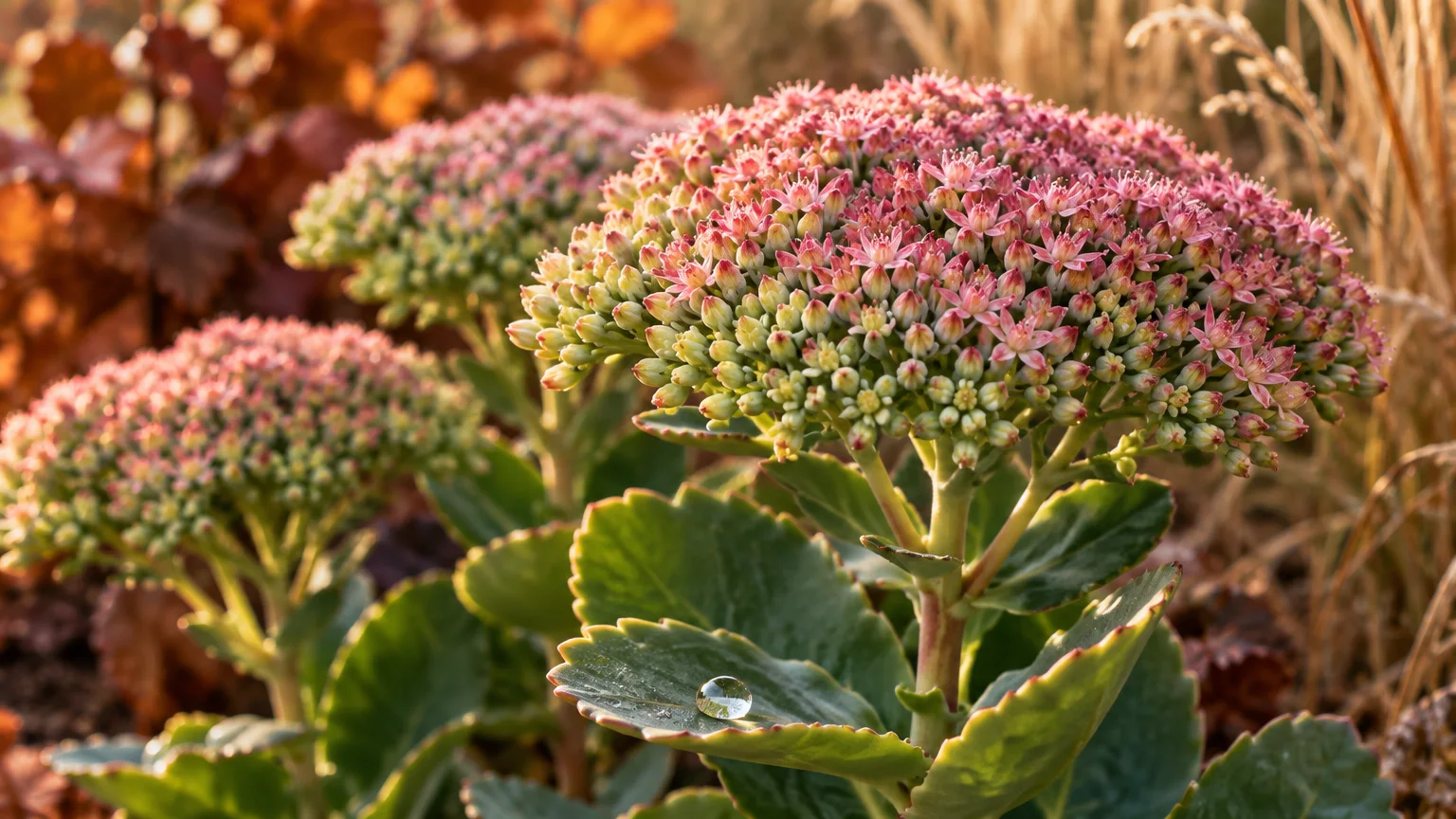 Close-up of Autumn Joy stonecrop showing dense clusters of small pink star-shaped flowers above succulent green leaves.