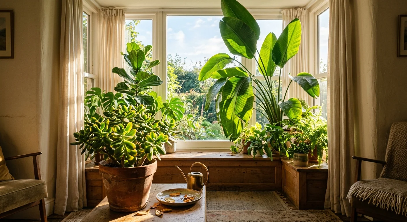 Potted indoor plants including a jade plant and bird of paradise sitting in front of a bright sunny bay window.