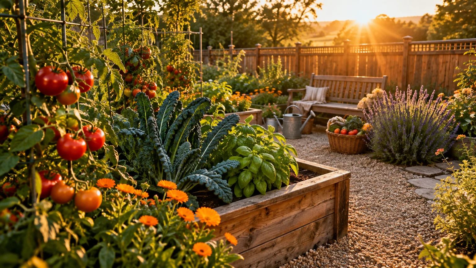 Sunlit vegetable garden with raised wooden beds, ripe tomatoes on trellises, gravel paths, and a wooden bench.