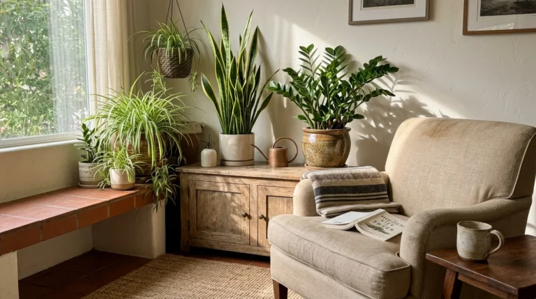 Potted snake, spider, and ZZ plants arranged on a wooden cabinet next to an armchair with an open book.