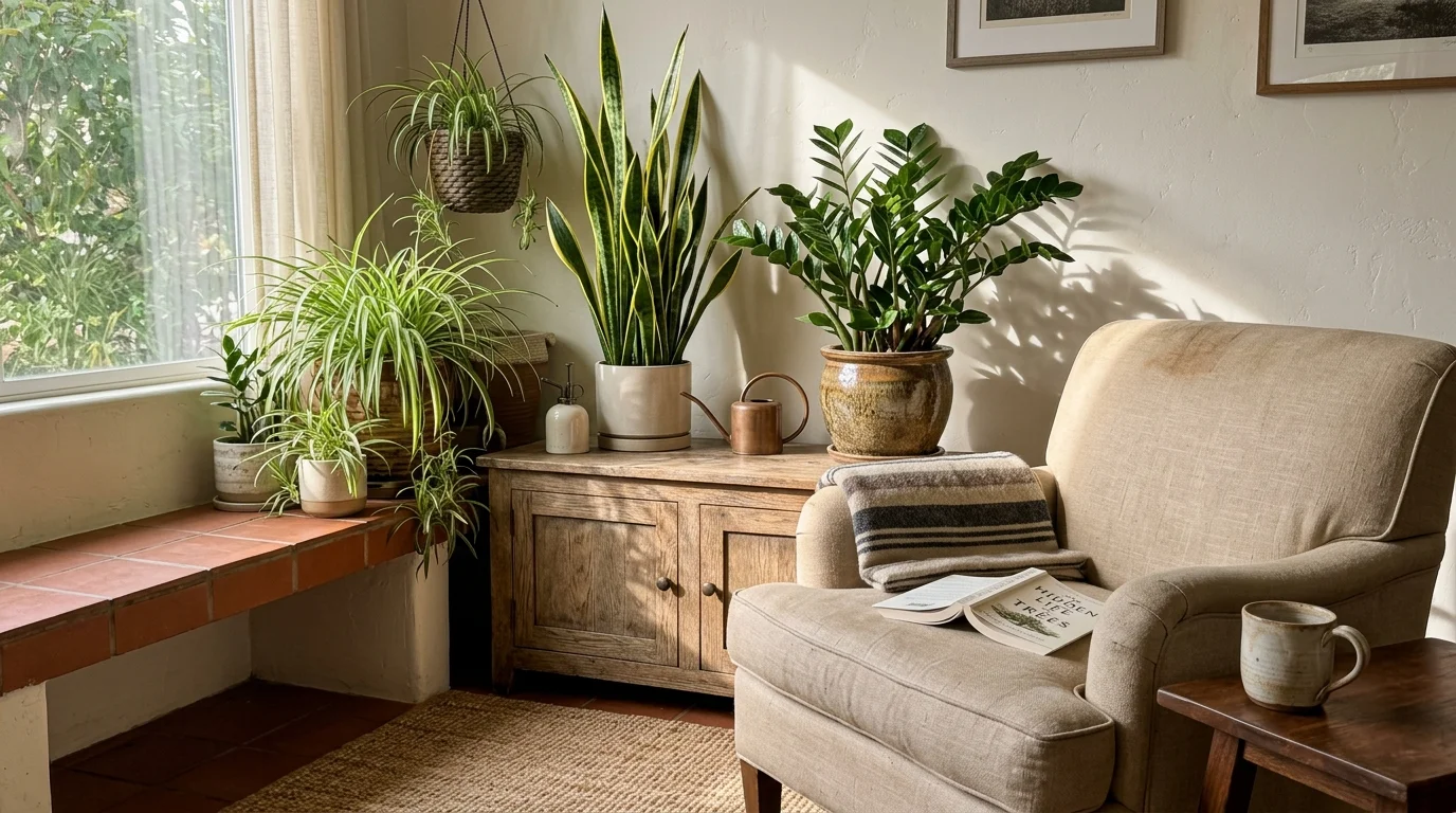 Potted snake, spider, and ZZ plants arranged on a wooden cabinet next to an armchair with an open book.