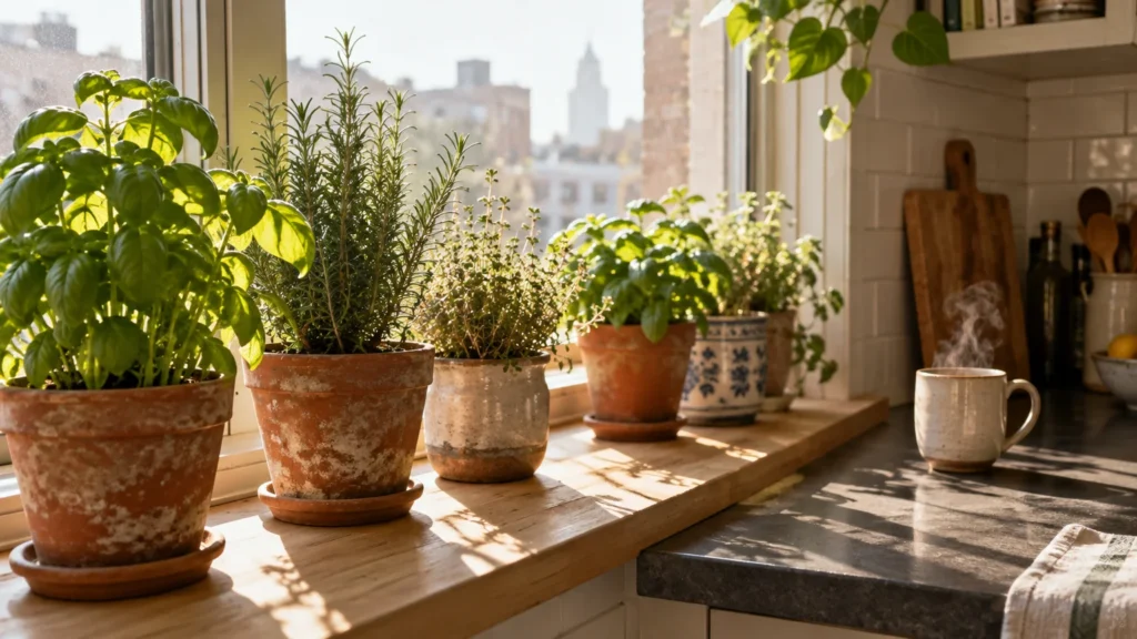Potted herbs lined up on a sunlit wooden kitchen windowsill beside a steaming mug.