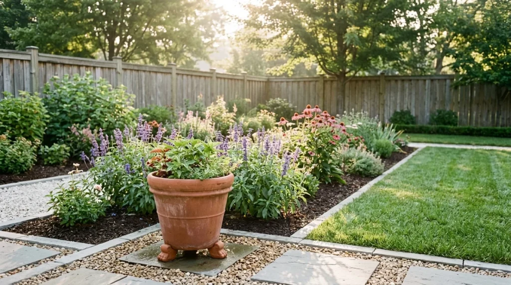 A terracotta planter sits along a stone garden path bordered by flowering plants, green lawn, and a wooden fence.