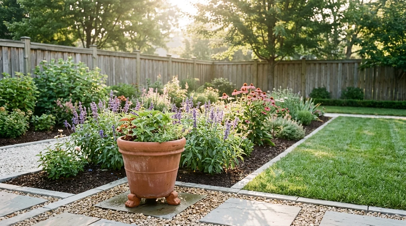 A terracotta planter sits along a stone garden path bordered by flowering plants, green lawn, and a wooden fence.