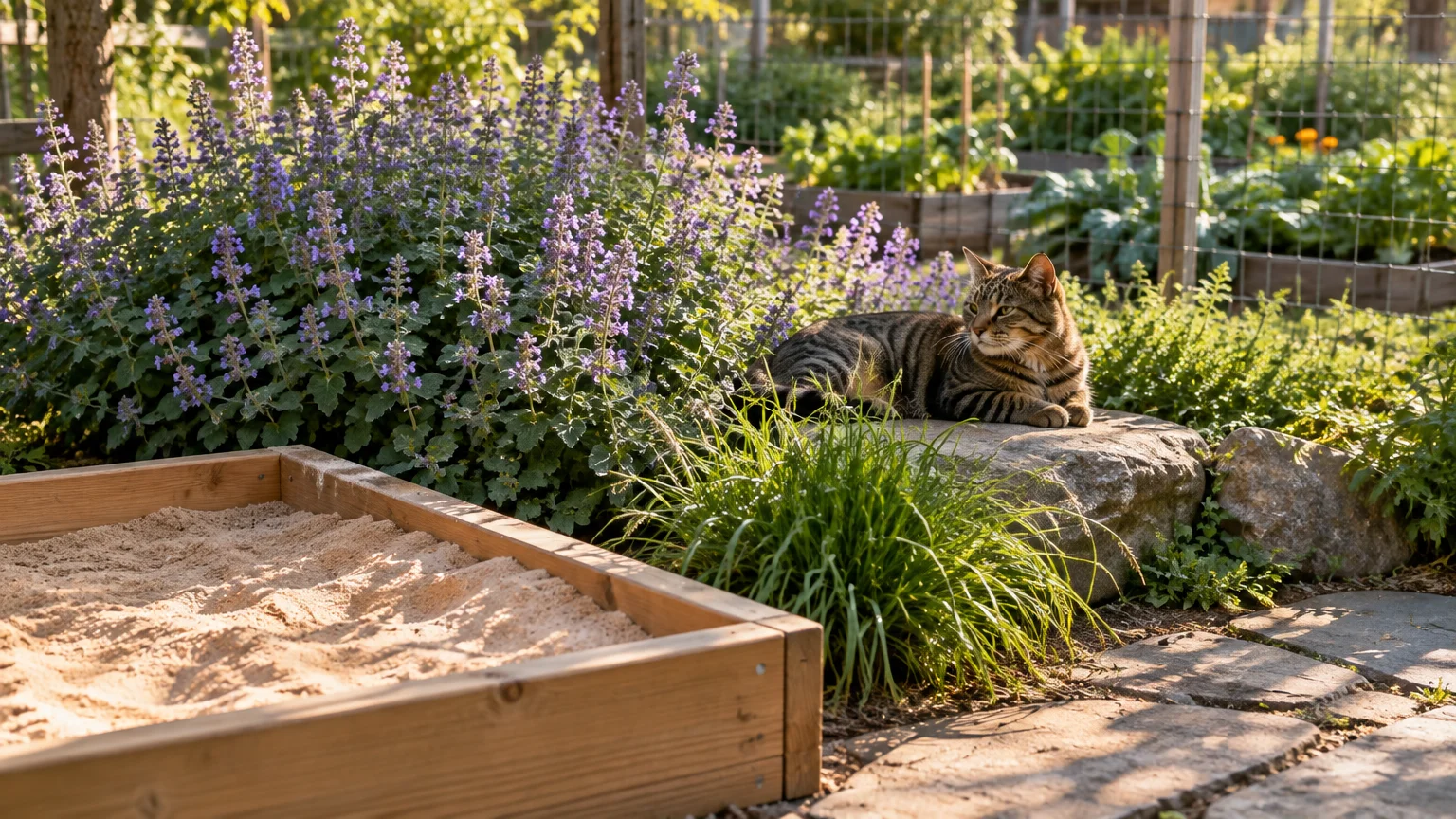Tabby cat resting on a flat rock beside purple catmint flowers and a wooden sandbox in a sunny garden.