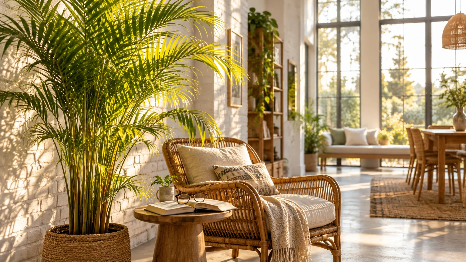 Potted areca palm beside a wicker armchair and small wooden table in a sunlit living room with tall windows.