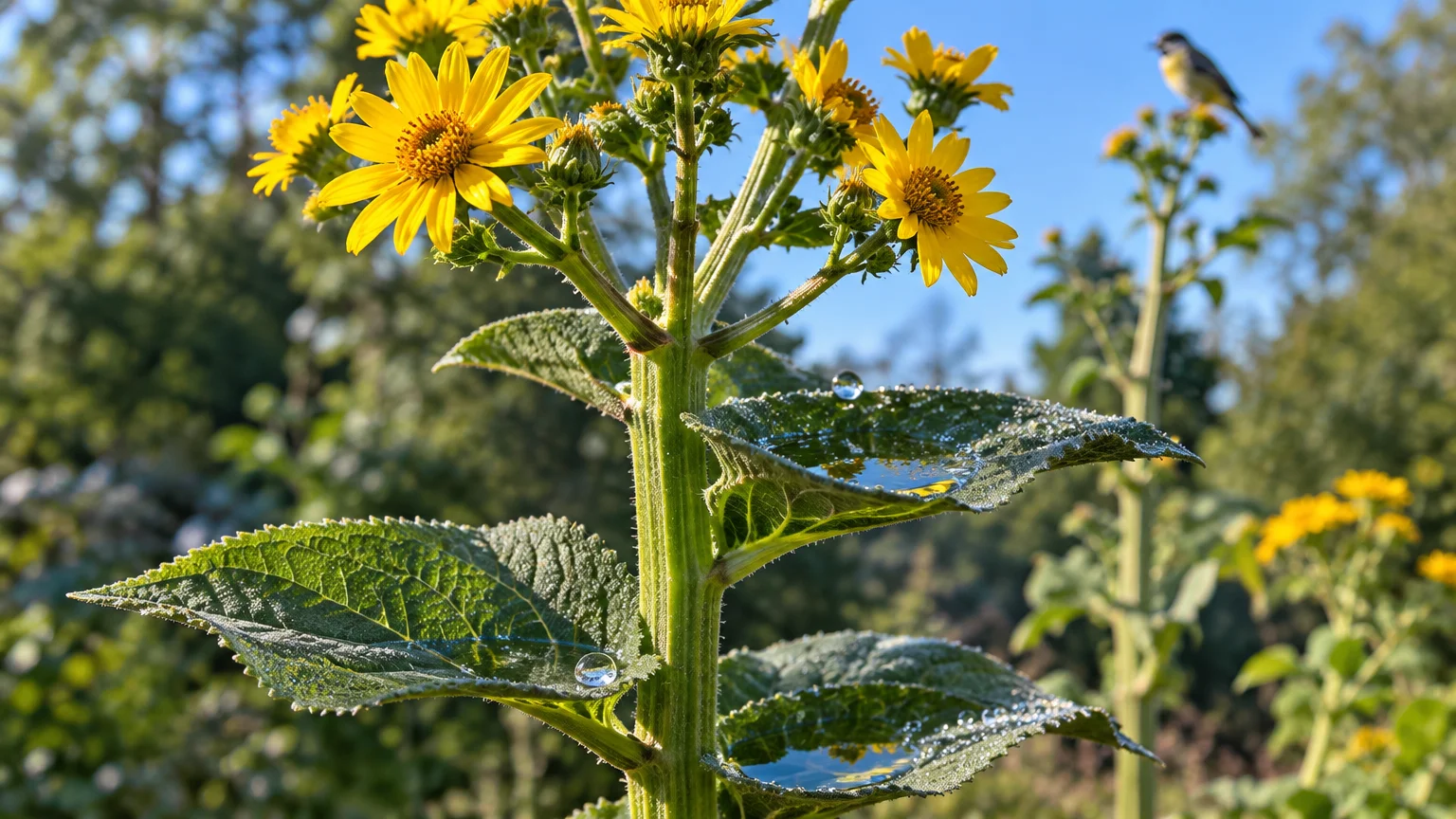 Close-up of yellow cup plant flowers and leaves holding pools of rainwater, with a songbird perched in the background.