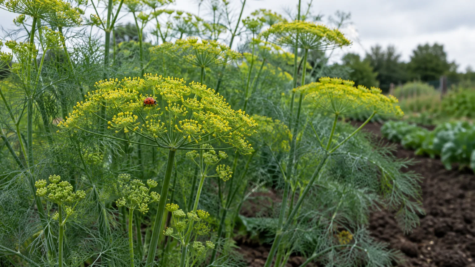 Blooming yellow dill umbels with a small red ladybug crawling on the flowerhead in a garden plot.