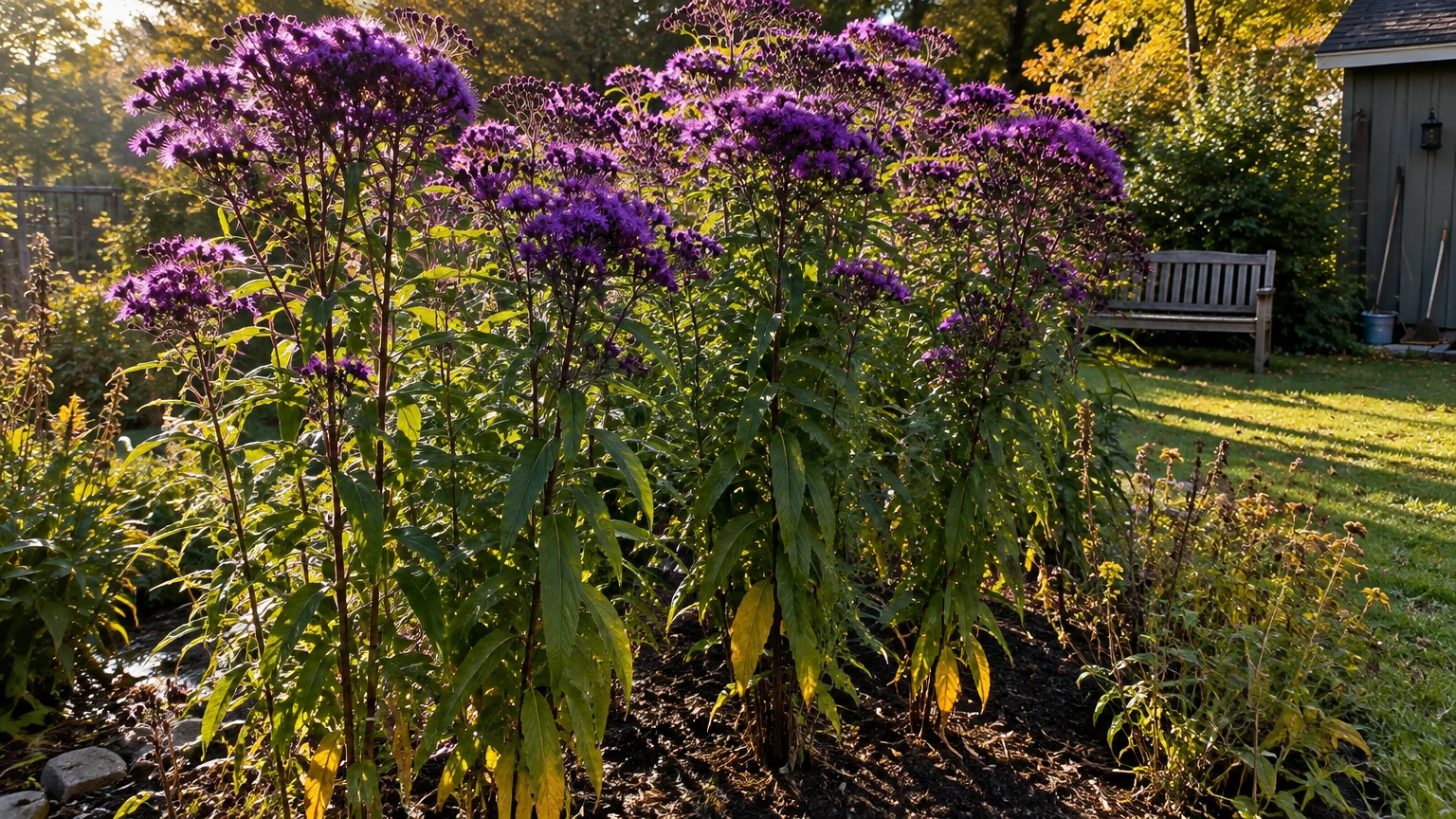 Tall New York ironweed plants with clusters of vibrant purple flowers blooming along a sunlit garden border.