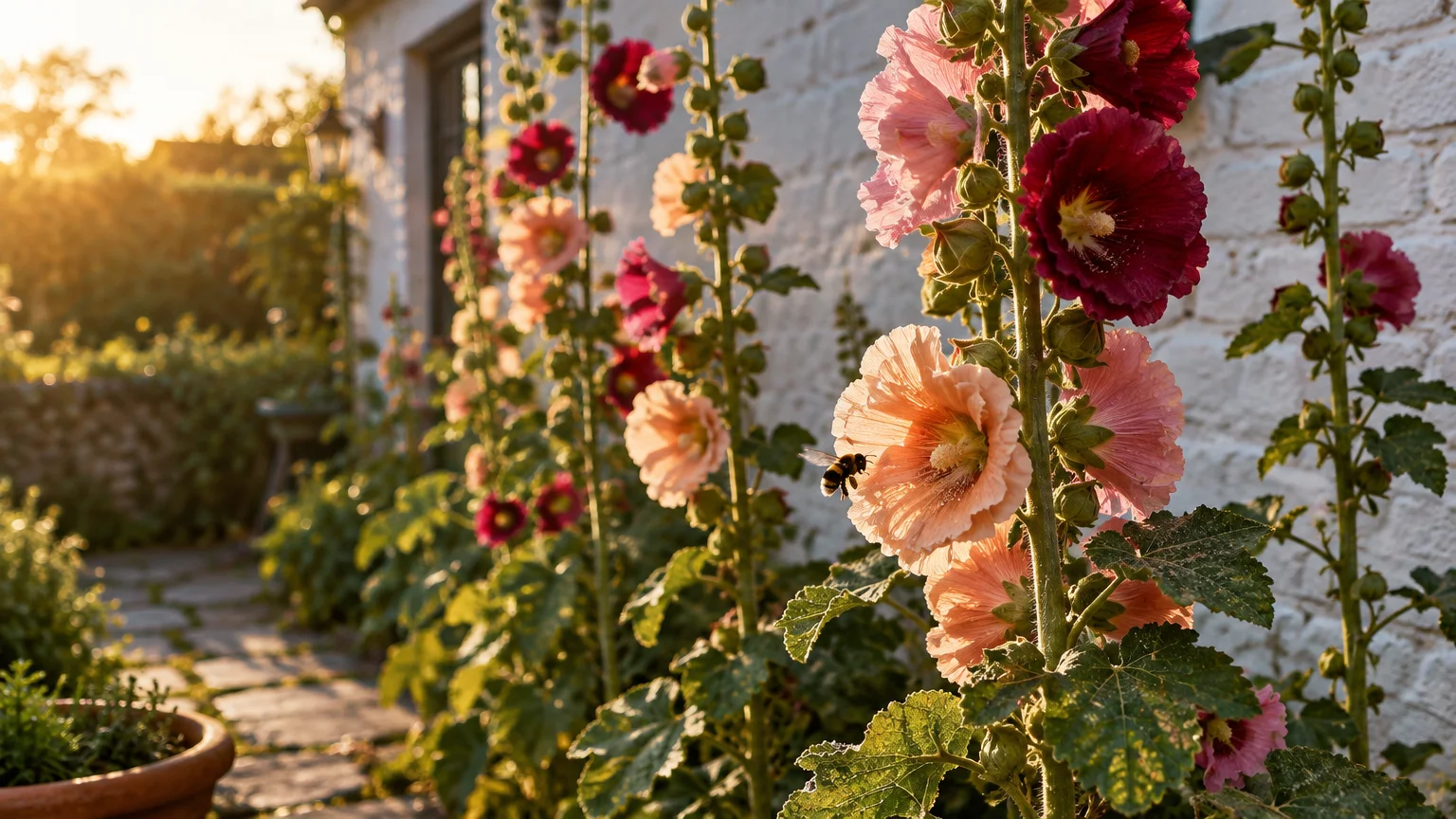 Pink and deep red hollyhocks grow along a white brick wall as a bee hovers near an open bloom.
