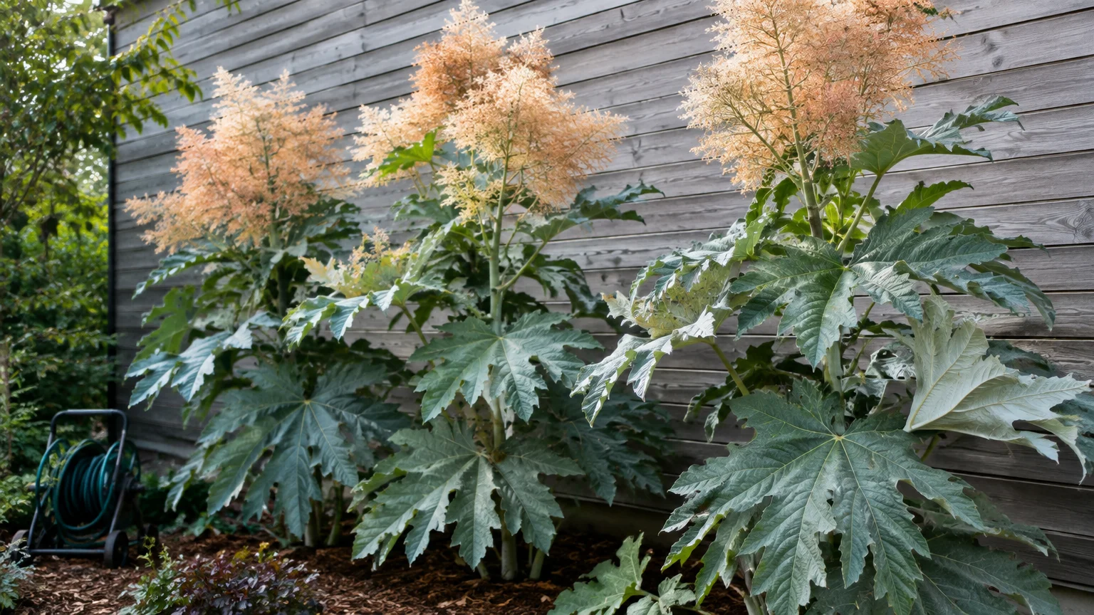 Tall plume poppy plants with broad scalloped leaves and feathery flower panicles growing along a wooden wall.