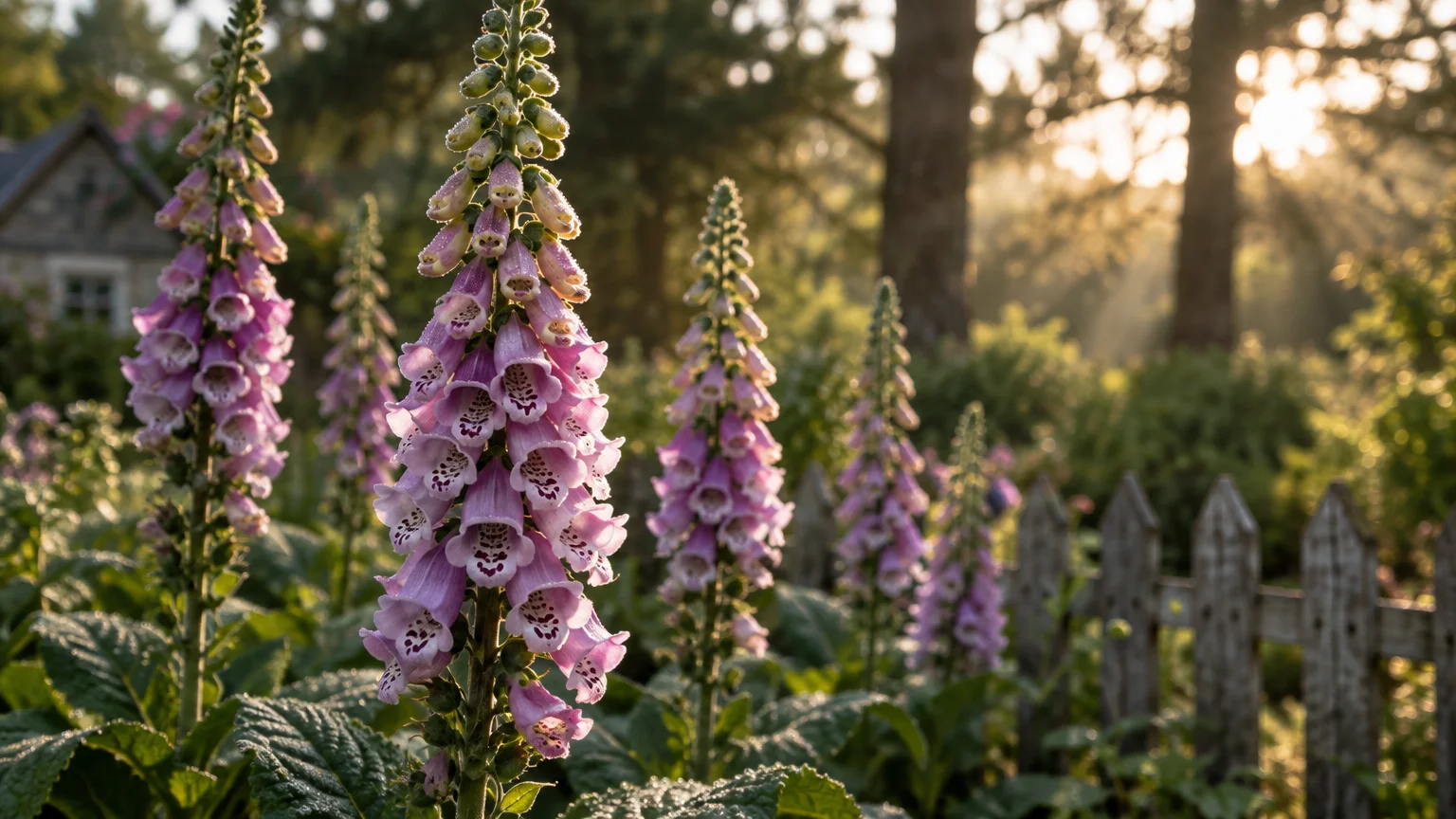 Tall pink and white foxglove spires blooming beside a wooden picket fence in golden morning sunlight.