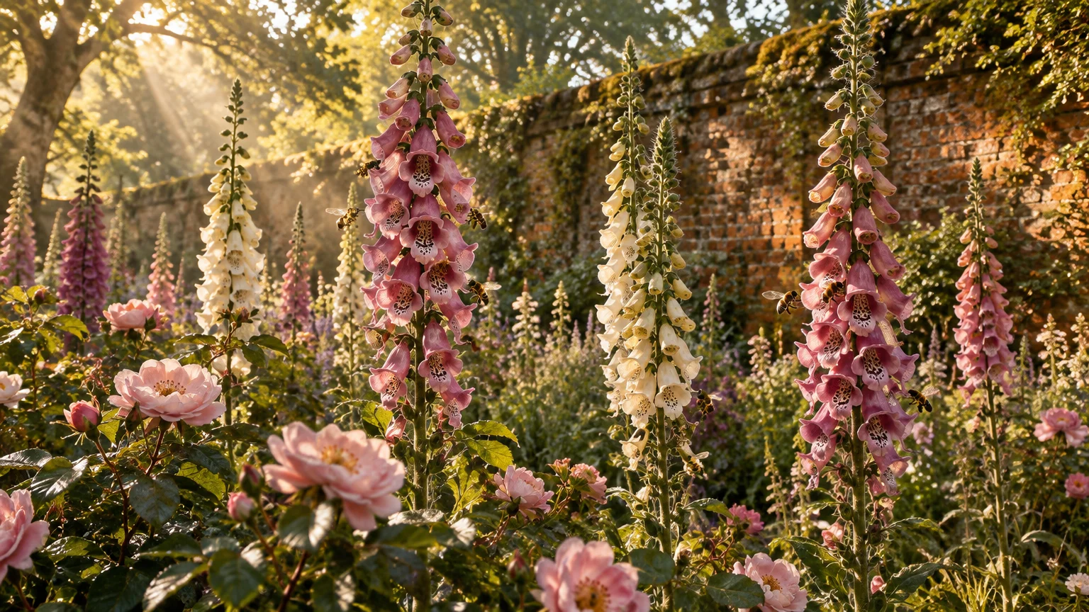 Tall pink and white foxgloves blooming behind pink shrub roses in front of a sunlit brick wall with flying bees.