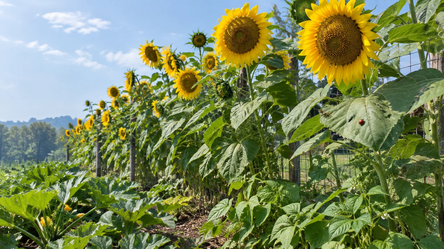 Tall blooming sunflowers growing along a wire fence beside squash plants in a garden on a sunny day.