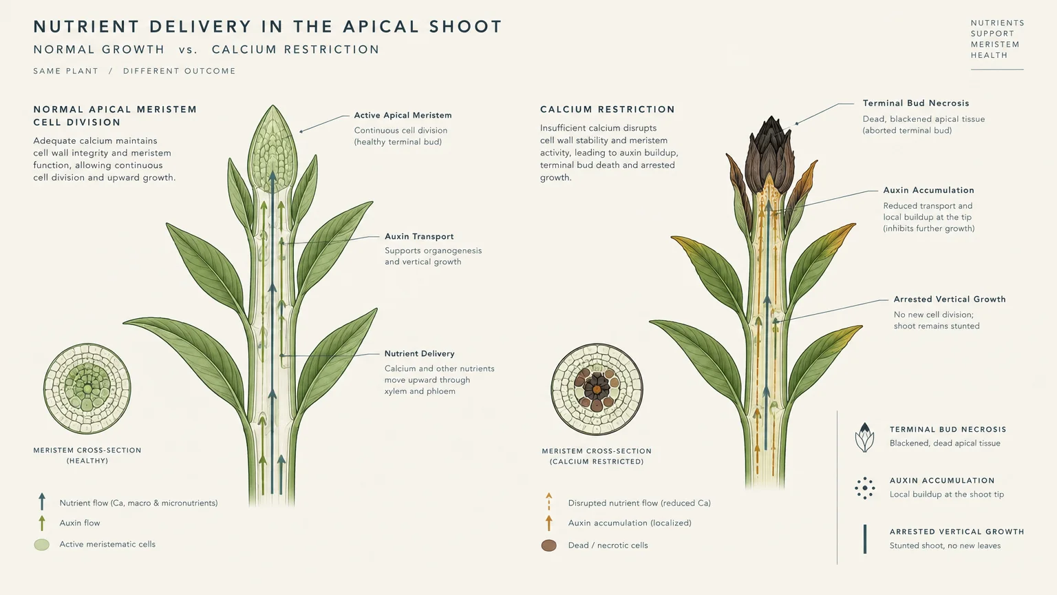 Diagram comparing nutrient delivery in a normal apical shoot versus a calcium-restricted shoot with terminal bud necrosis.