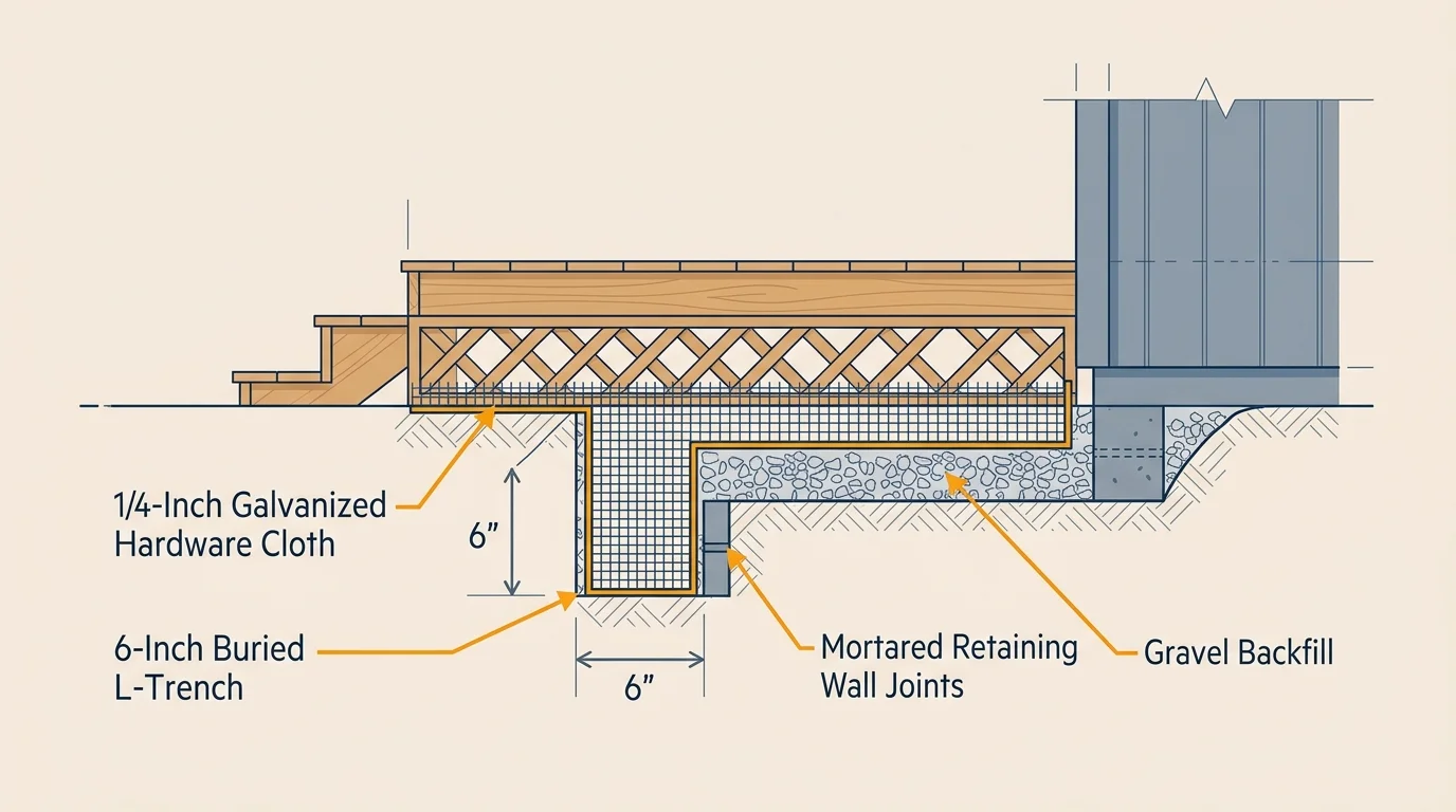 Diagram showing 1/4-inch galvanized hardware cloth installed in a buried trench beneath a wooden deck.