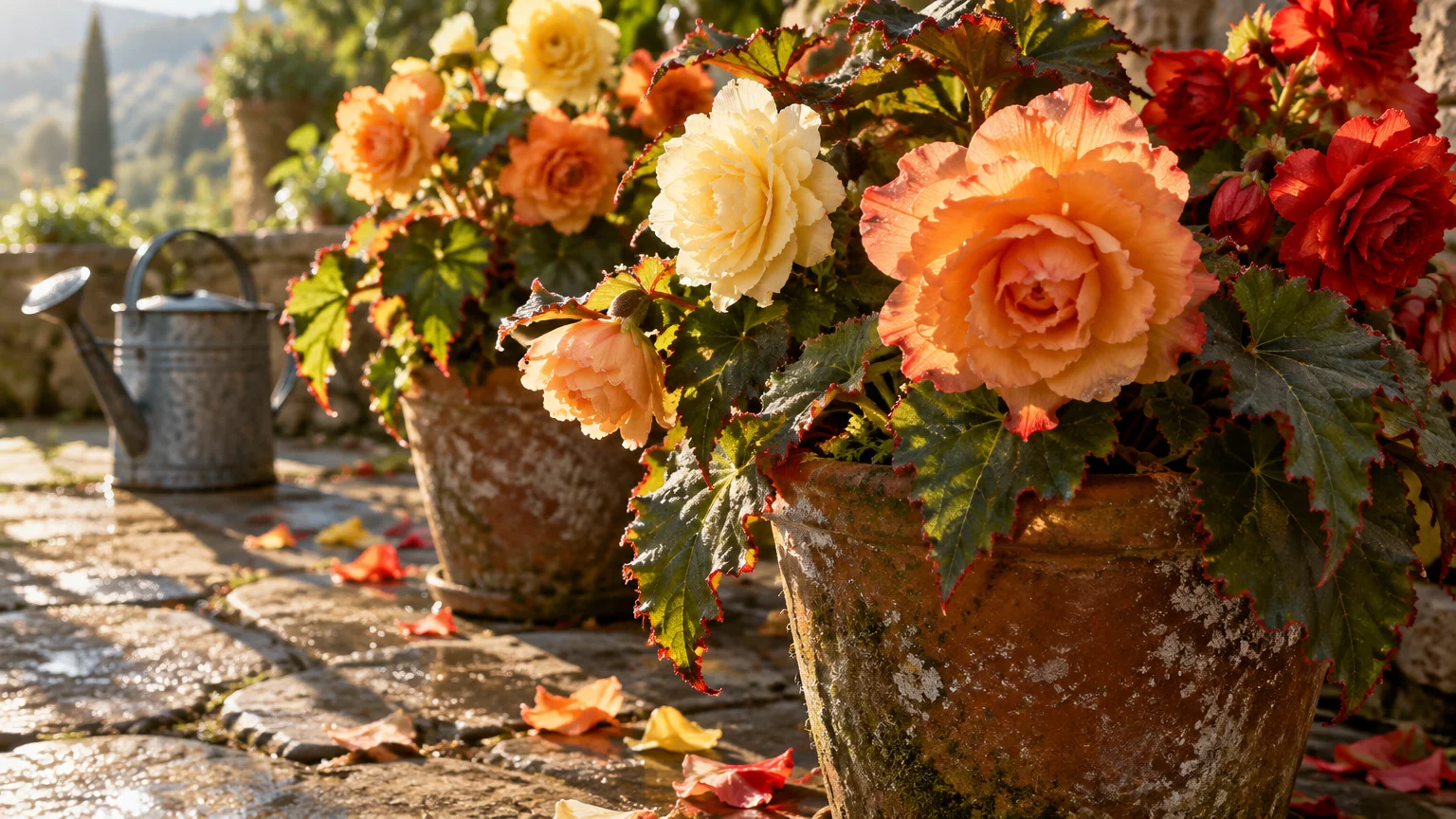 Potted begonias blooming in shades of orange, yellow, and red on a sunlit stone patio beside a metal watering can.