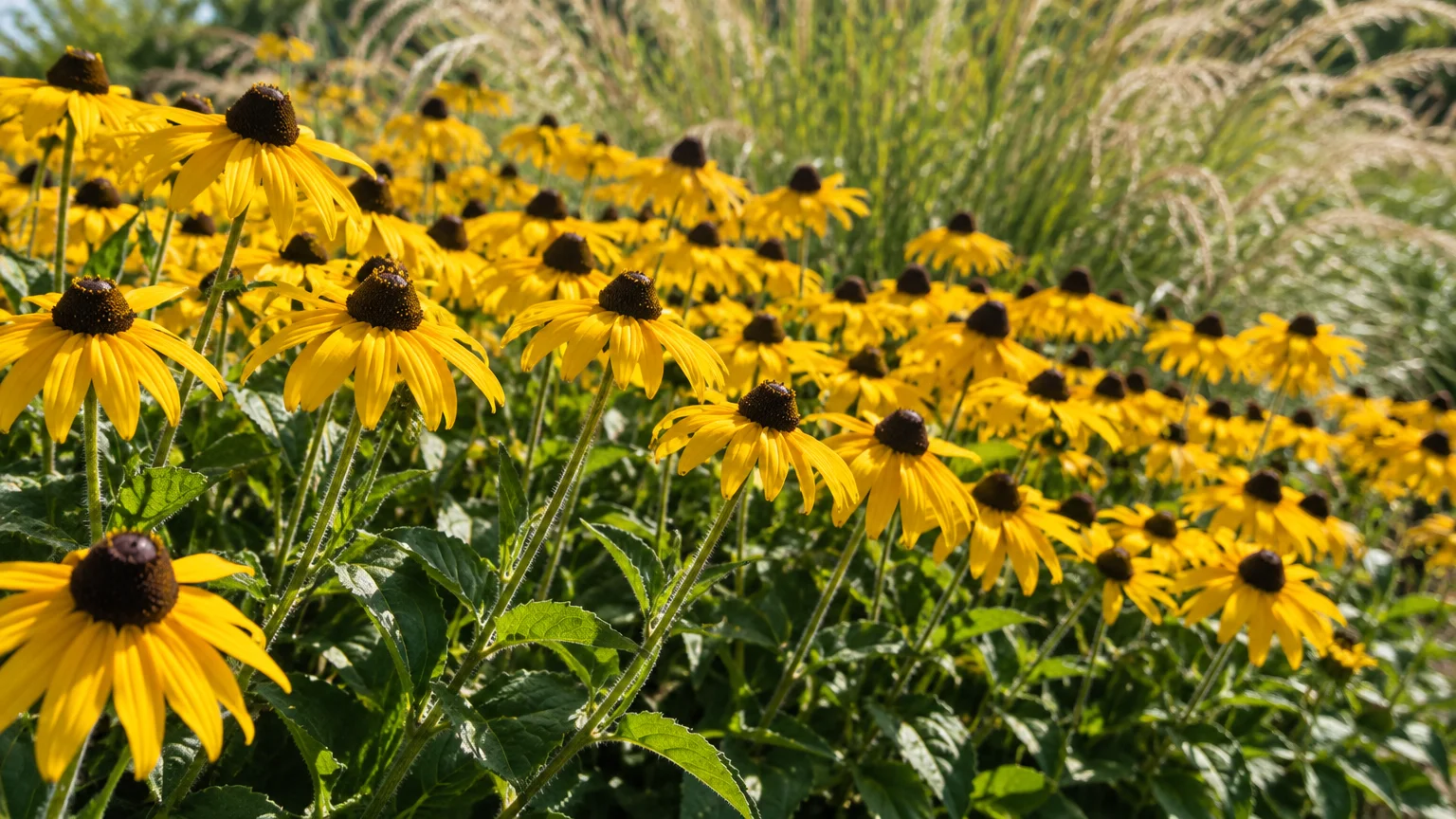 A dense cluster of bright yellow black-eyed Susan flowers blooming with dark brown centers in a sunny garden.