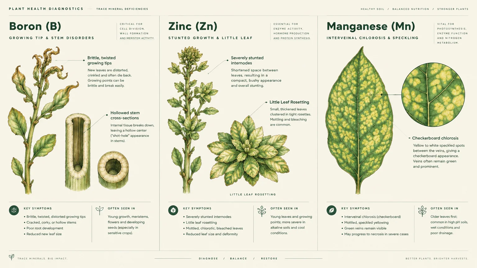 Plant deficiency diagram showing boron stem damage, zinc little leaf rosetting, and manganese checkerboard chlorosis.