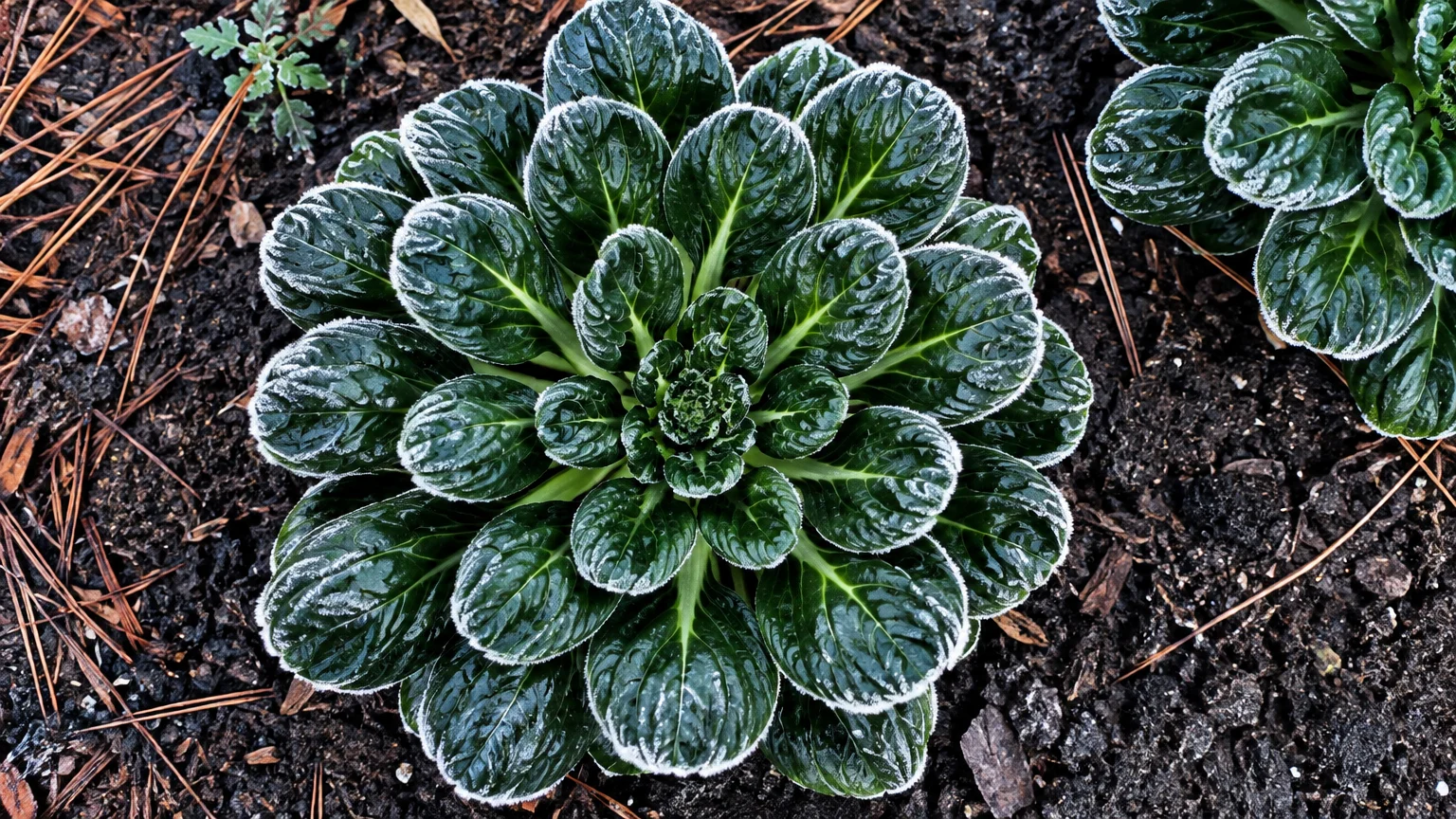Overhead view of a dark green tatsoi rosette rimmed with frost growing in dark garden soil.
