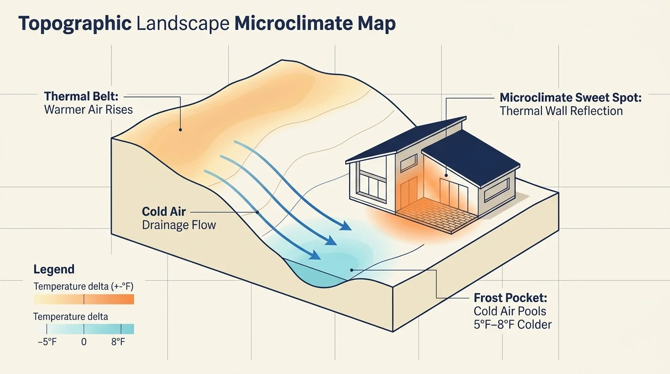 Diagram of a topographic landscape microclimate map showing cold air draining into a frost pocket beside a house.
