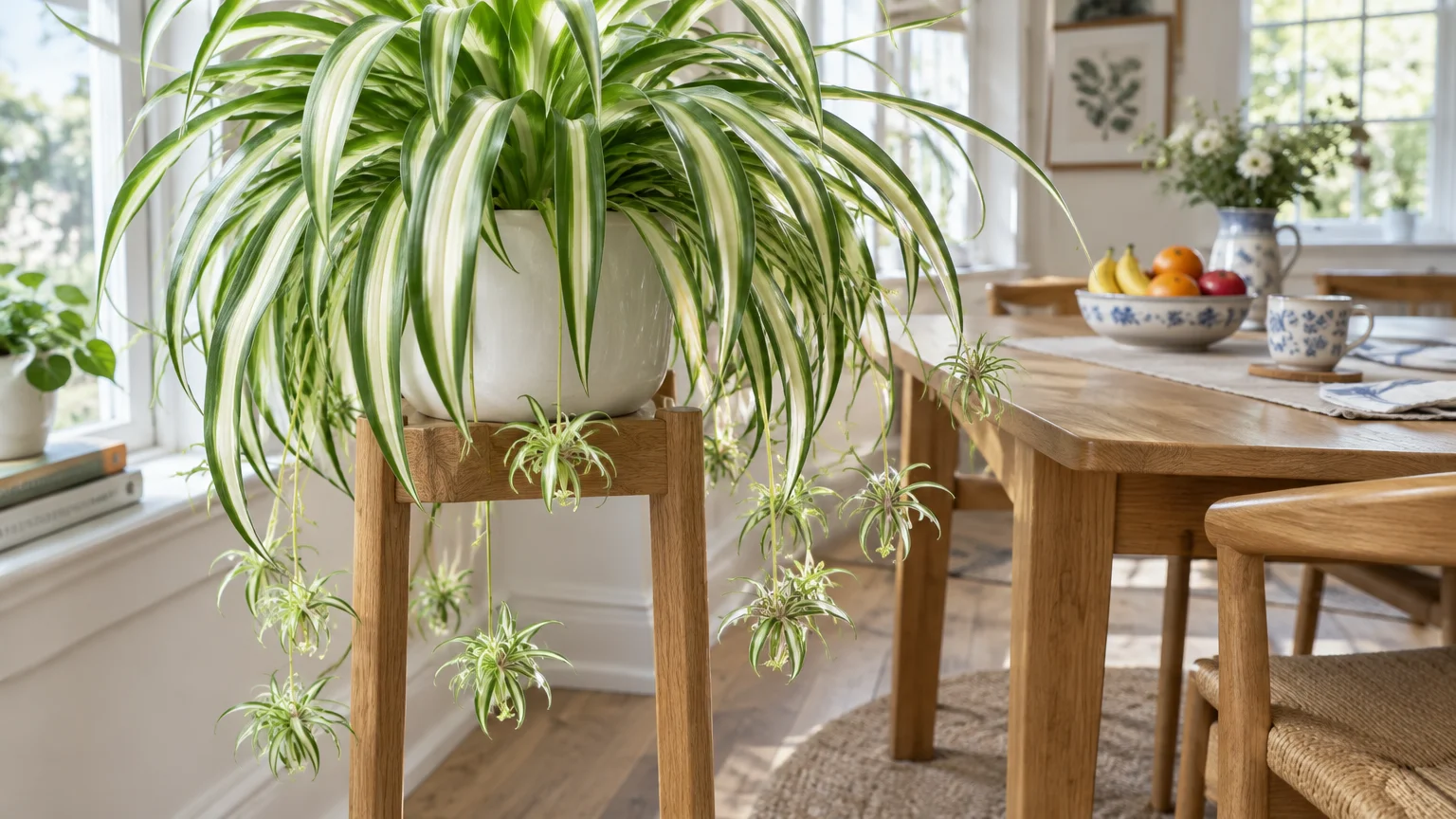 A potted spider plant with cascading offshoots rests on a wooden plant stand beside a sunlit dining table.