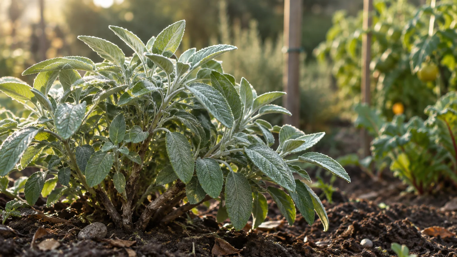 A bushy culinary sage plant with textured green leaves growing in dark garden soil in bright sunlight.