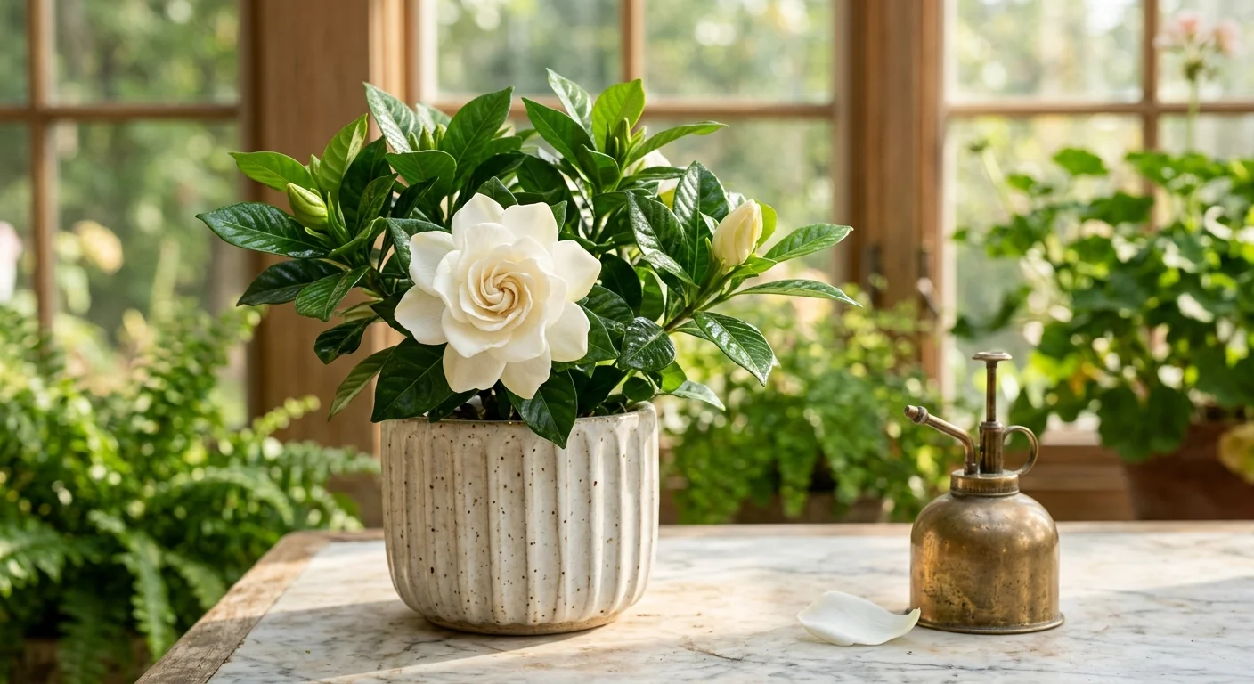 Blooming white gardenia in a fluted ceramic pot on a marble table beside a brass plant mister near a sunny window.