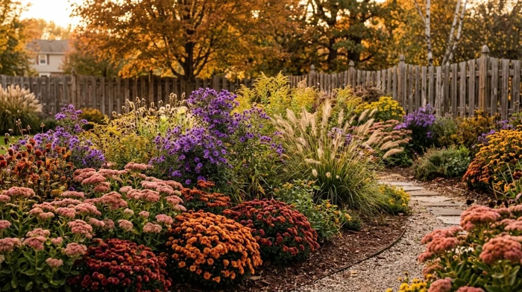 Colorful autumn garden border with purple asters, pink sedum, orange mums, and golden grasses along a stone path.