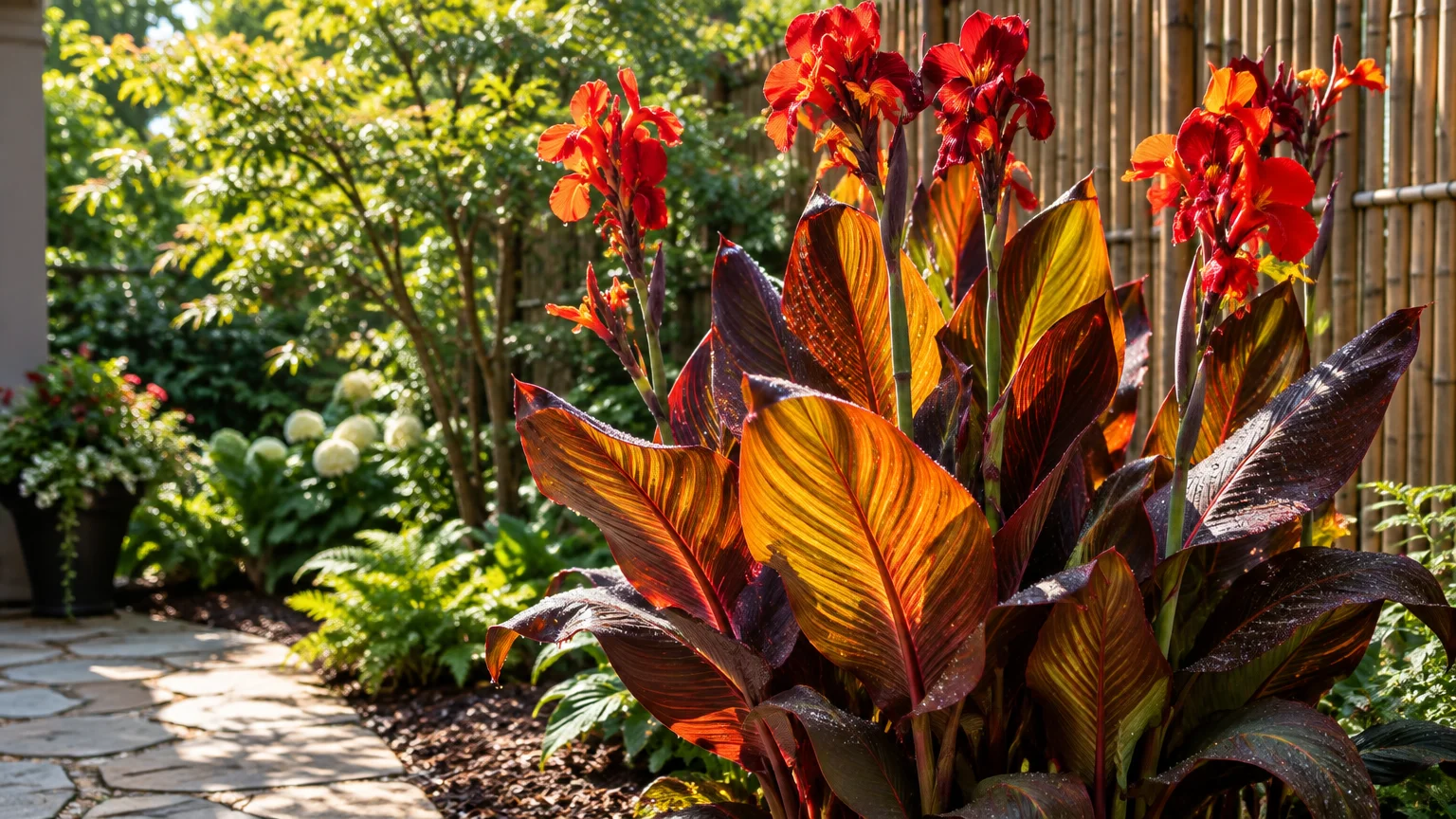 Blooming orange-red canna lilies with large bronze-striped leaves growing along a stone garden path by a bamboo fence.