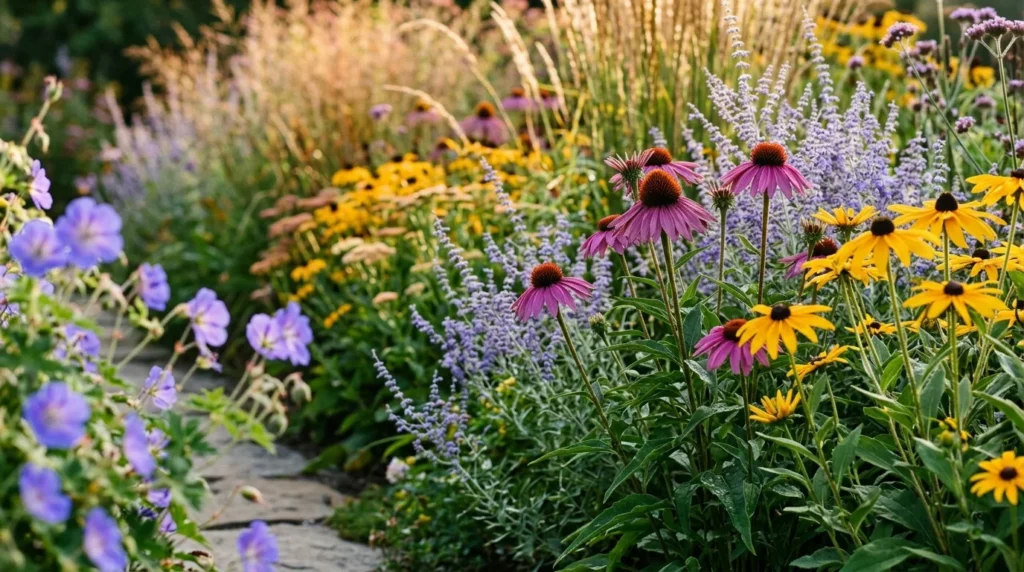 Colorful garden border with purple coneflowers, yellow black-eyed Susans, lavender spikes, and stone pathway.