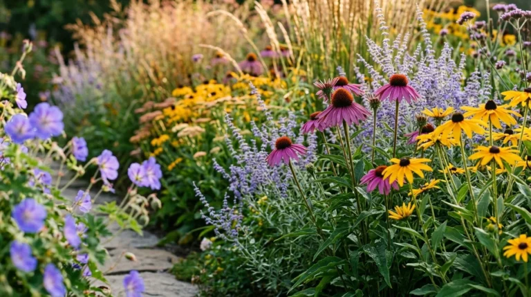 Colorful garden border with purple coneflowers, yellow black-eyed Susans, lavender spikes, and stone pathway.
