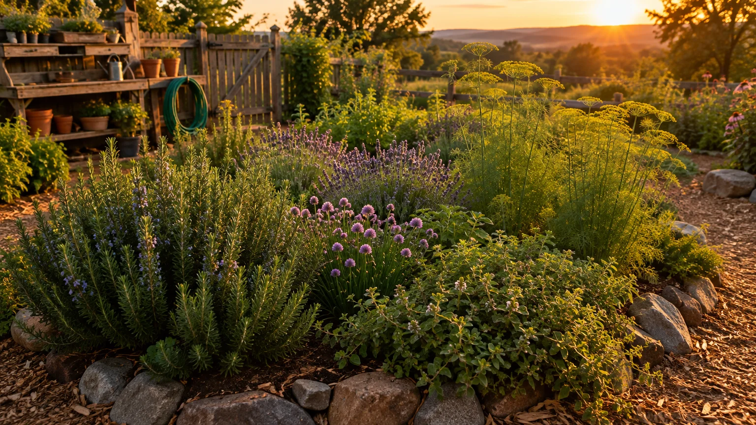 A lush herb garden bed bordered with rocks features rosemary, flowering chives, lavender, and dill at golden hour.