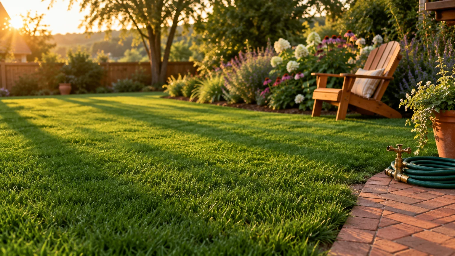 Lush green lawn bordered by a brick patio, garden flowerbed, and wooden chair under golden evening sunlight.