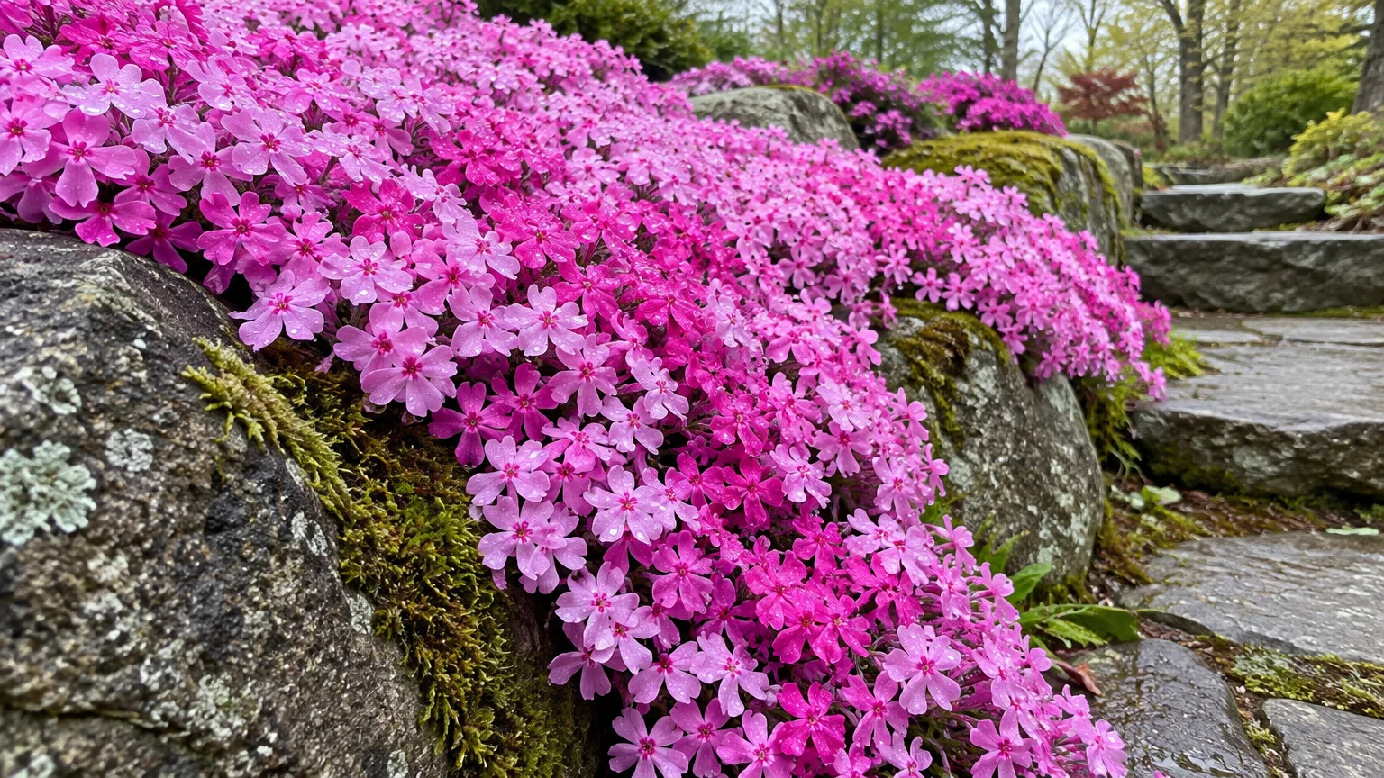 Bright pink creeping phlox blooms cascade over mossy stone steps and boulders in a garden.