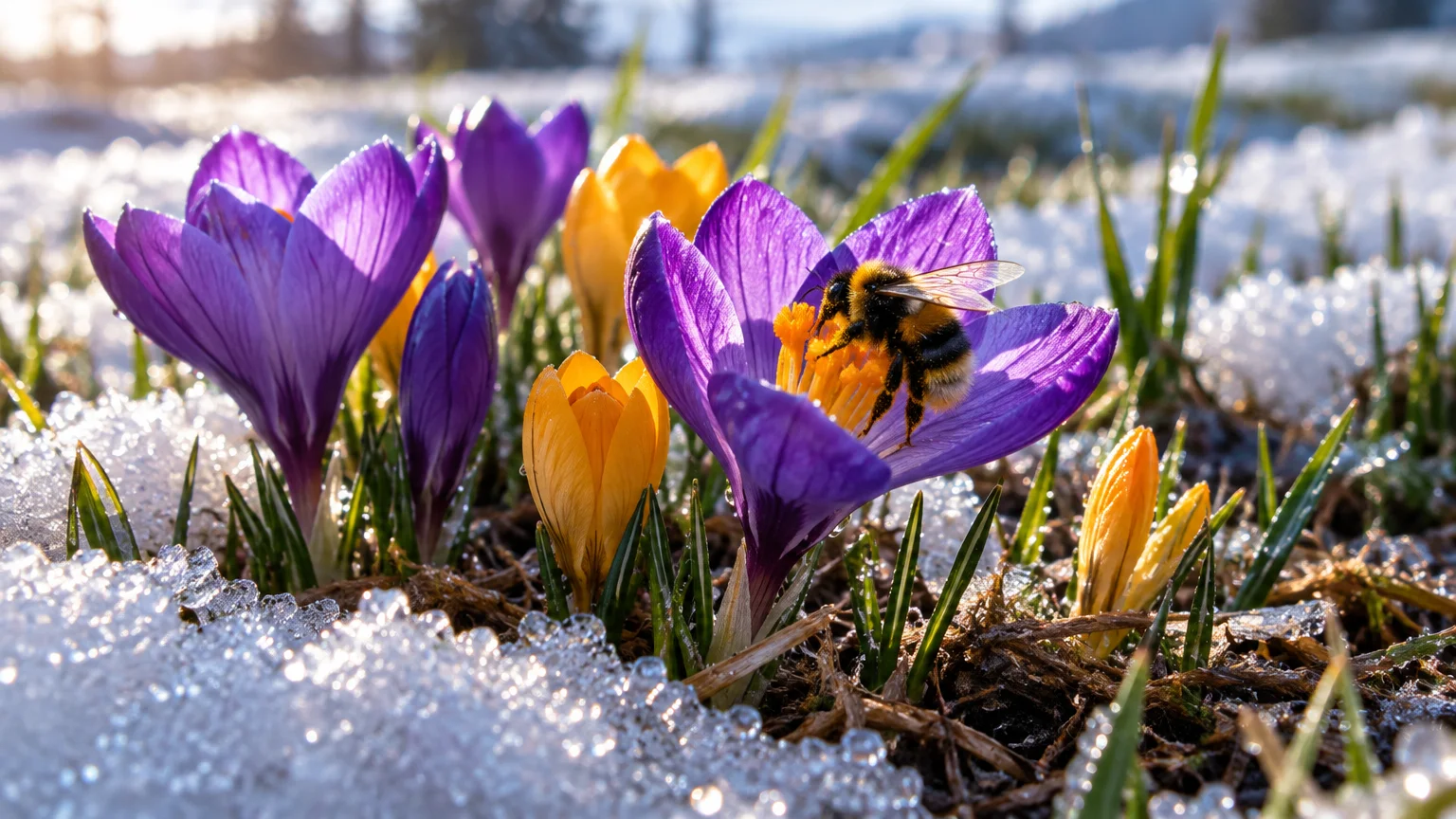 A bumblebee pollinates a purple crocus flower blooming alongside yellow crocuses in melting snow.
